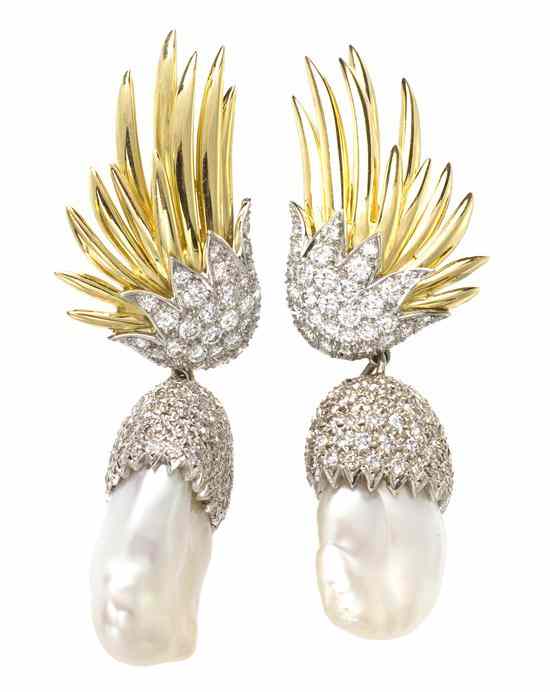 Appraisal: A Pair of Karat Gold Cultured Pearl and Diamond Convertible