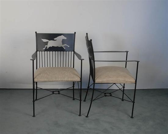 Appraisal: Pair Ralph Lauren Wrought-Iron Upholstered Arm Chairs with horse cut-outs