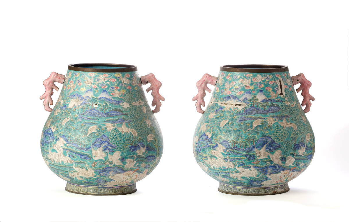 Appraisal: PAIR OF CHINESE ENAMEL GOURD-FORM VASES WITH CRANE AND LANDSCAPE