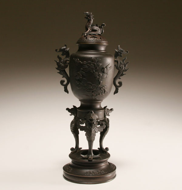 Appraisal: Japanese patinated metal lidded censor the lid adorned with a