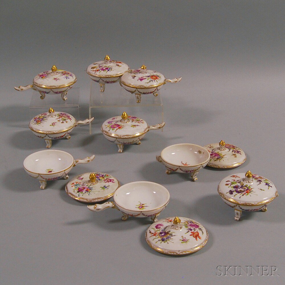 Appraisal: Nine Dresden Porcelain Footed Covered Bowls th century with gilt