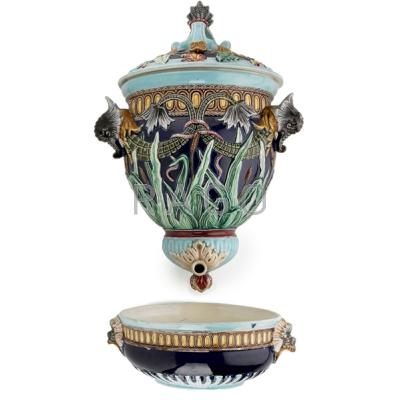 Appraisal: CONTINENTAL MAJOLICA LAVABO Intertwined leaf and vine design elephant head