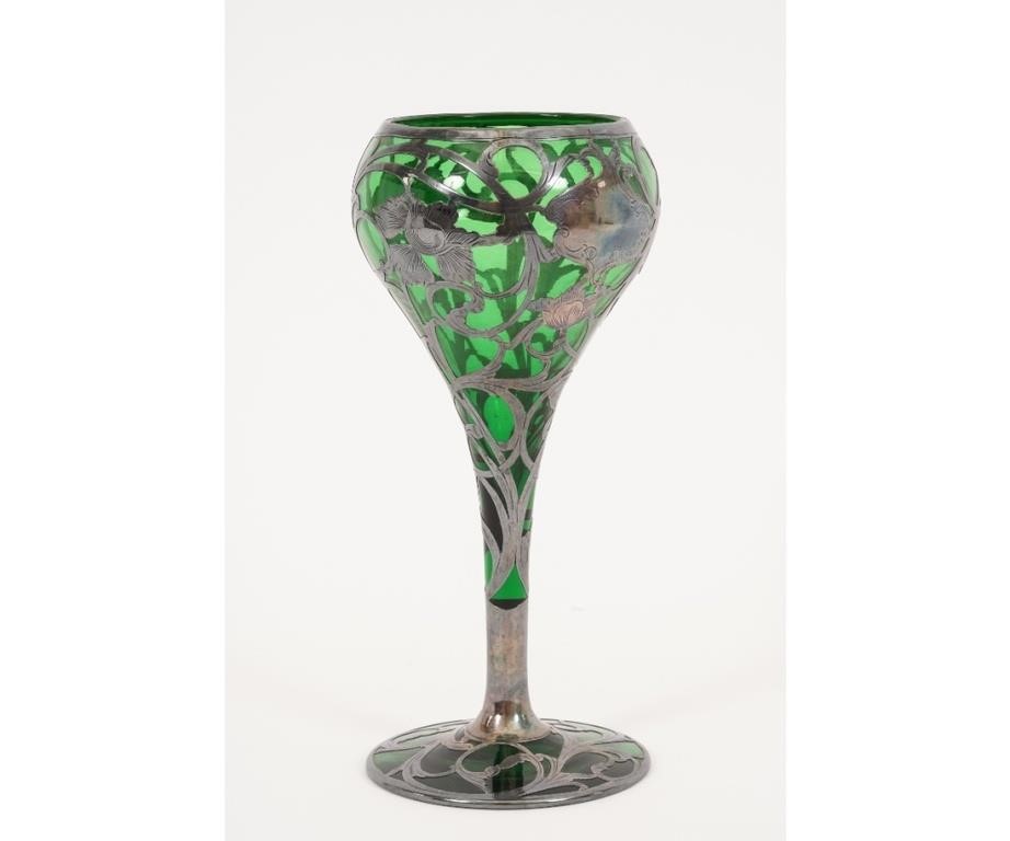 Appraisal: Sterling silver overlay green glass vase circa attributed to Alvin