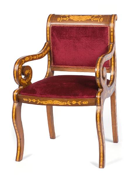 Appraisal: A pair of Dutch style mixed wood marquetry armchairs height