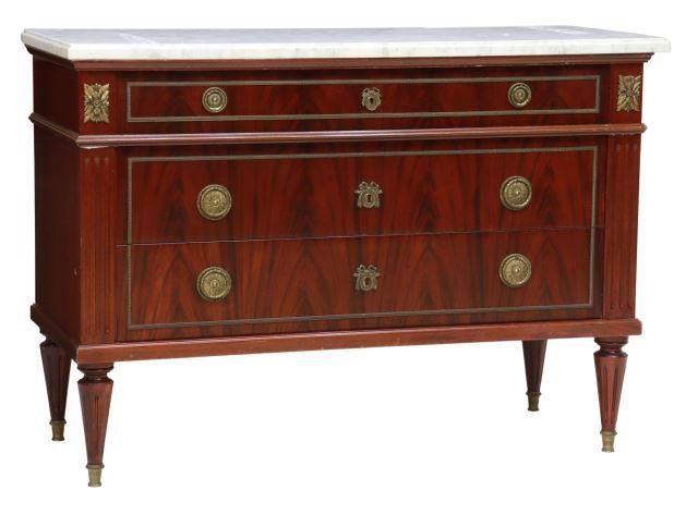 Appraisal: French Louis XVI style marble-top mahogany commode th c rectangular