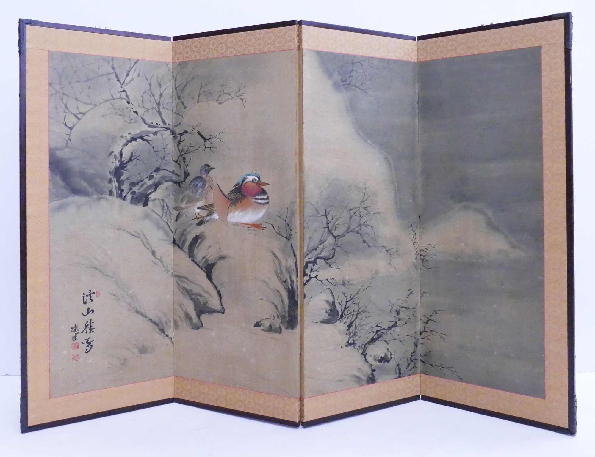 Appraisal: Japanese Painted Panel Screen- Ducks in Landscape- x ''