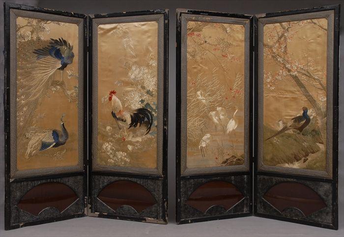 Appraisal: PAIR OF JAPANESE SILKWORK TWO-PANEL SCREENS Variously showing cranes pheasant