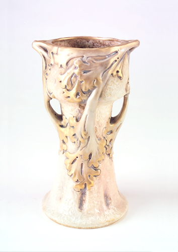 Appraisal: AMPHORA Organically-shaped vase with swirling leaf handles on a textured