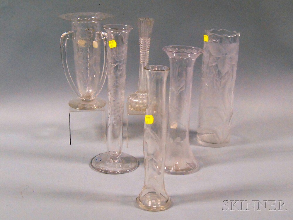 Appraisal: Six Cut Glass Vases including a three-handled vase with etched