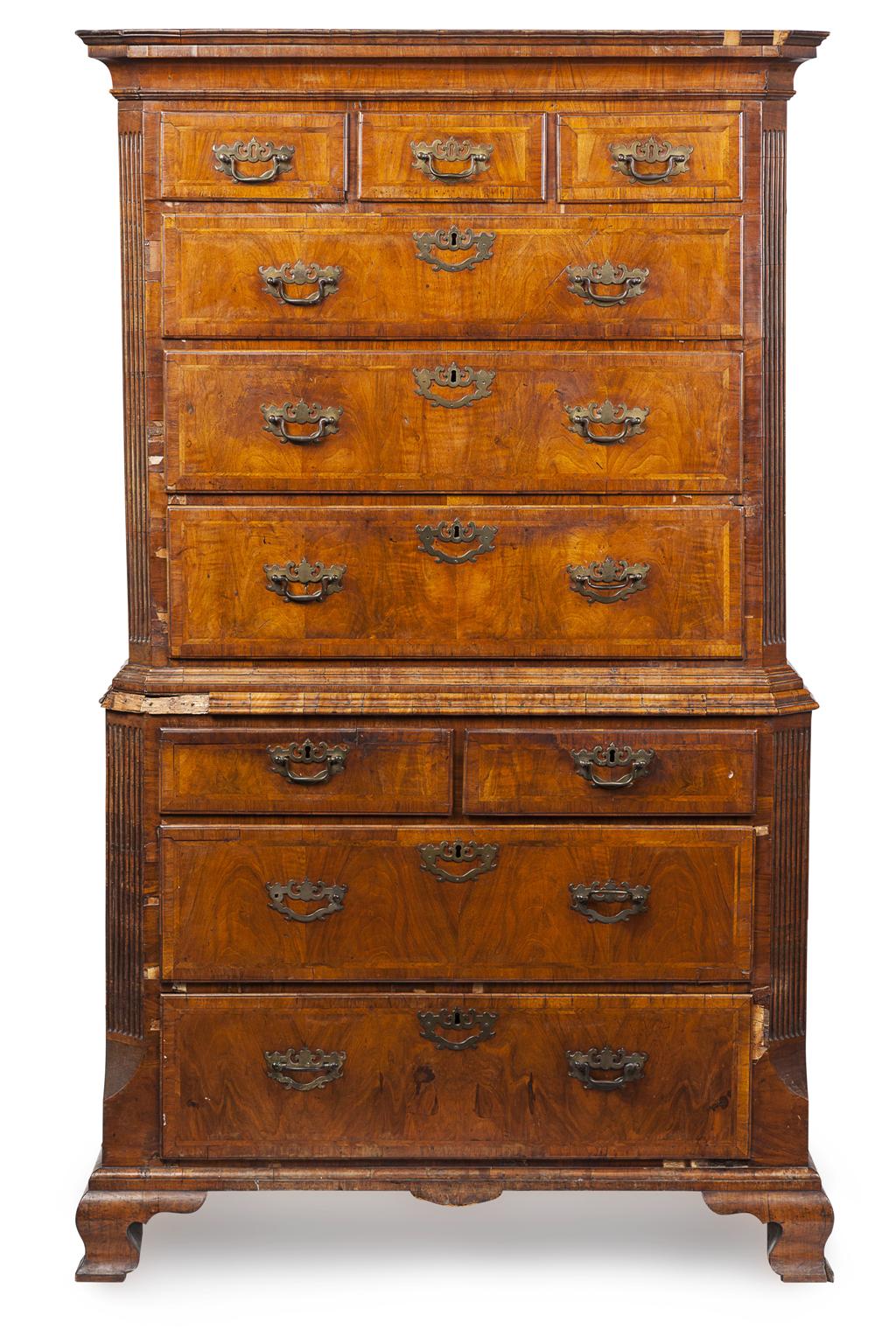 Appraisal: GEORGE II WALNUT CHEST ON CHEST MID TH CENTURY the