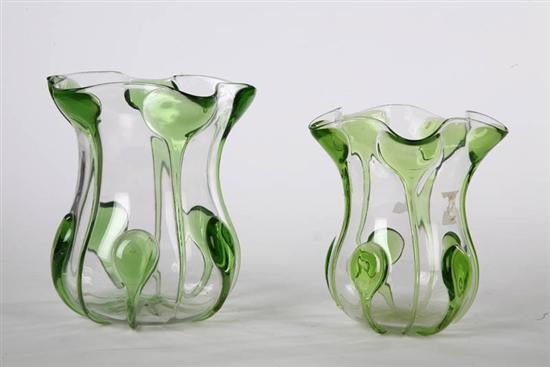 Appraisal: PAIR OF ART GLASS VASES Both clear with green drip