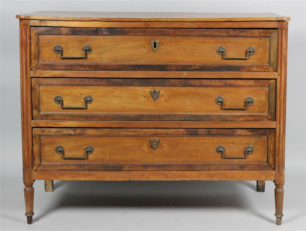 Appraisal: DIRECTOIRE BEECHWOOD COMMODE fitted with three drawers between fluted columns