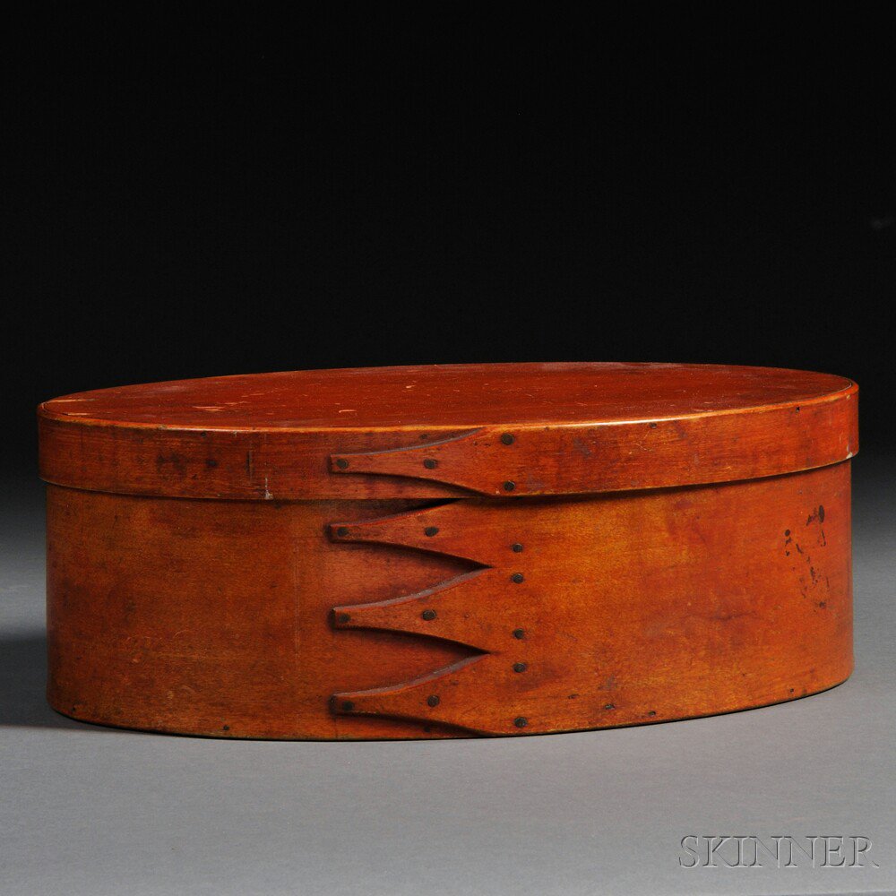 Appraisal: Shaker Red-stained Oval Covered Box probably New England mid to