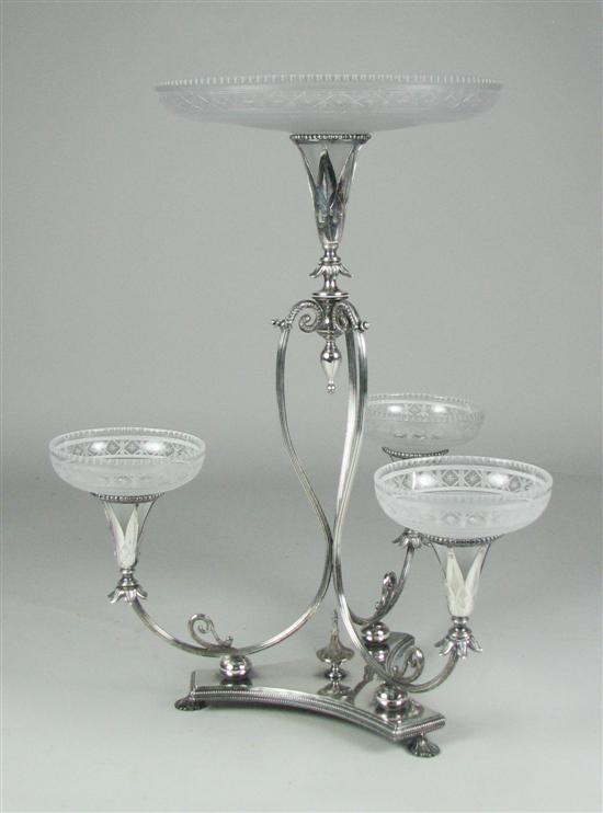 Appraisal: Glass Silverplate Epergne Circa Etched and frosted glass bowls on