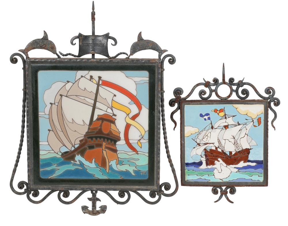 Appraisal: TWO BUSCHERE SON IRON FRAMED TILESeach depicting a galleon the