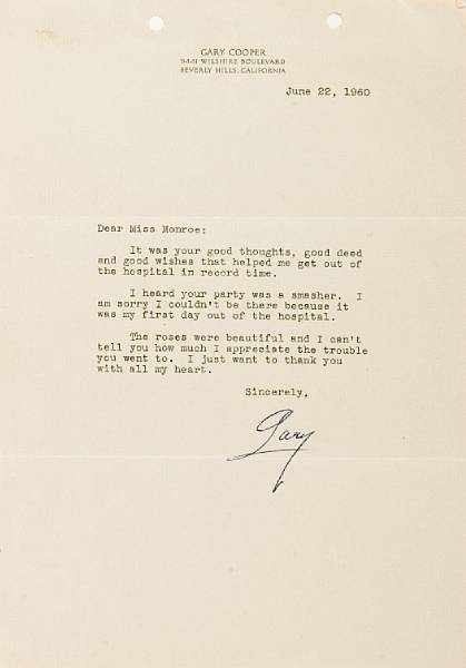 Appraisal: A Marilyn Monroe-received letter from Gary Cooper A one-page letter