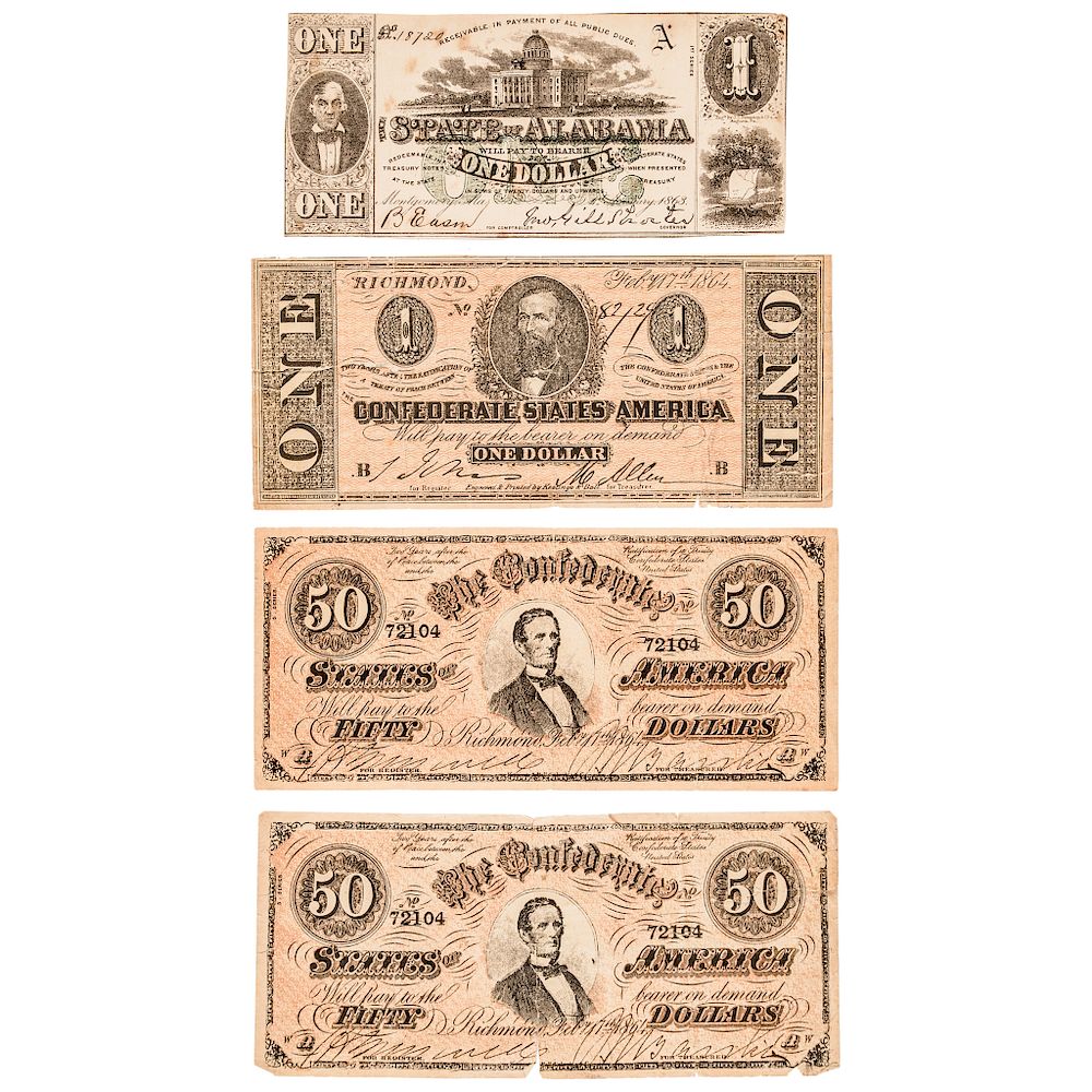 Appraisal: Mixed Confederate Currency Notes Group of Four Notes Confederate Currency