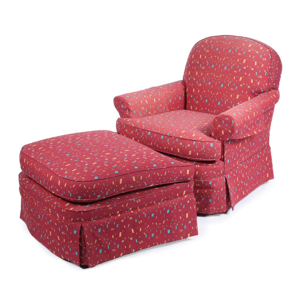 Appraisal: CONFETTI UPHOLSTERED RED LOUNGE CHAIR AND OTTOMAN H X W