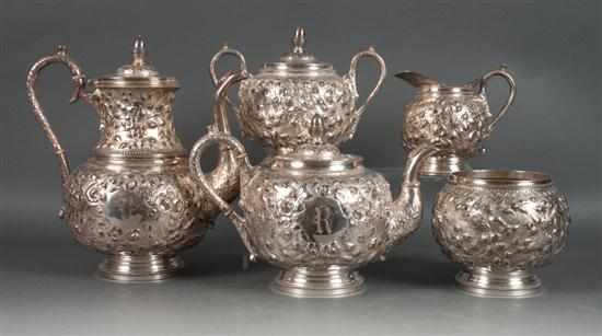 Appraisal: American repousse silver-plated five-piece tea and coffee service late th