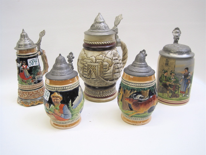 Appraisal: COLLECTION OF FIVE BEER STEINS four from Germany including one