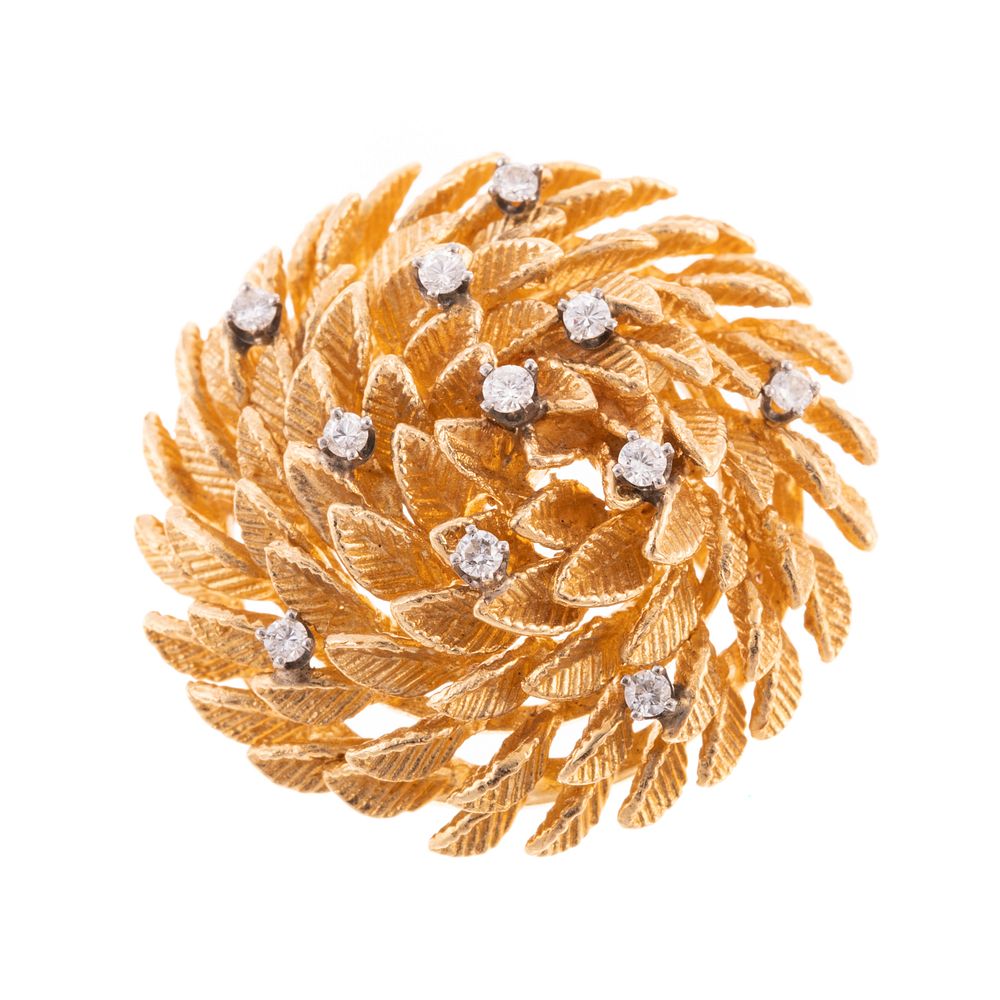 Appraisal: A K Domed Leaf Brooch with Diamonds K yellow gold