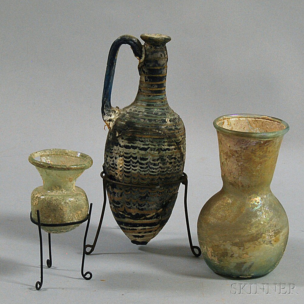 Appraisal: Three Ancient-style Glass Items two vases and a pitcher with