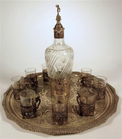 Appraisal: Set of nine silverp late mounted glass cordials with decanter