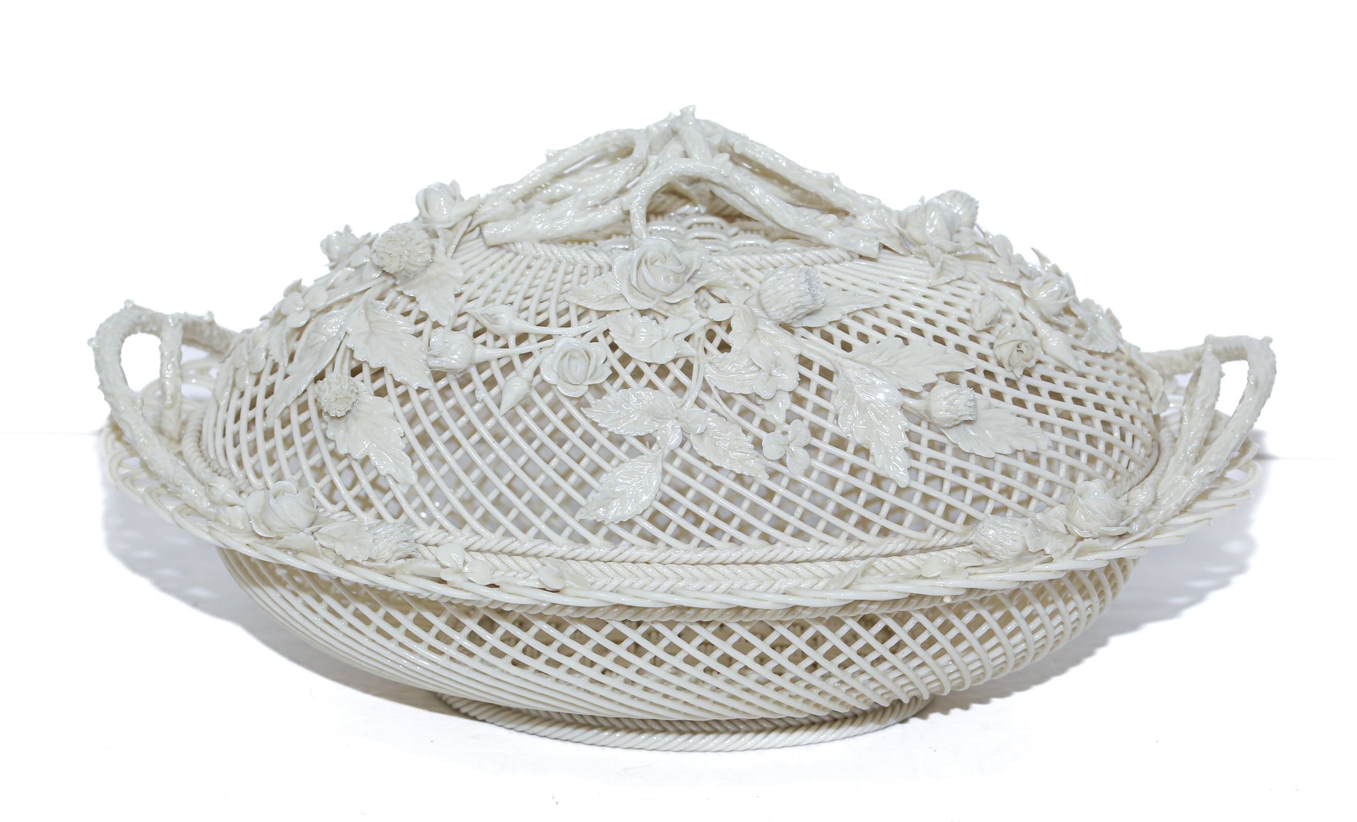 Appraisal: BELLEEK PORCELAIN RETICULATED COVERED BASKET Approximately in H in L