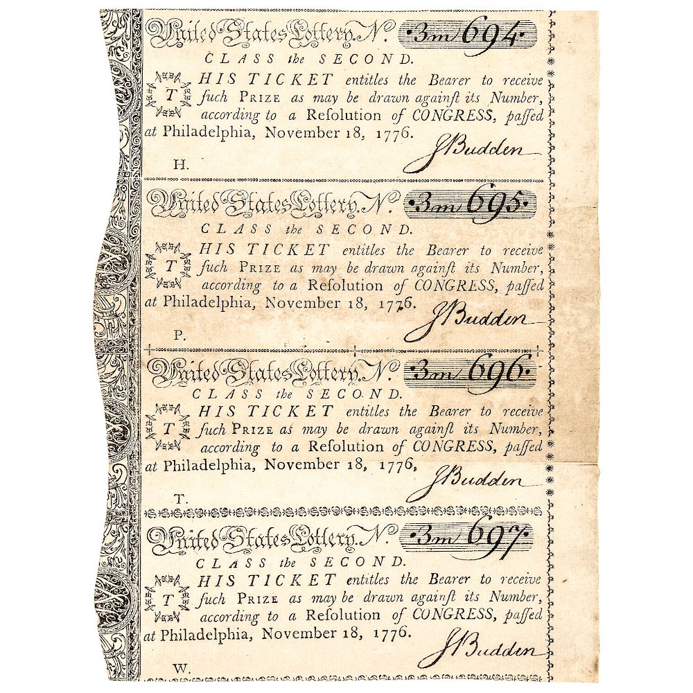 Appraisal: November Continental Congress Uncut Lottery Sheet of Four Tickets Colonial