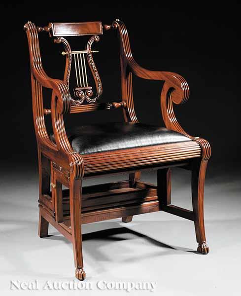 Appraisal: A Regency-Style Mahogany Metamorphic Armchair and Library Step lyre-form backsplat