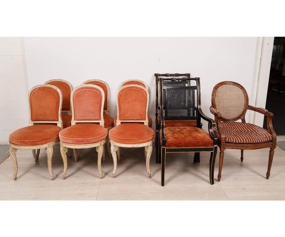 Appraisal: Six French style white sidechairs with orange slip seats pair