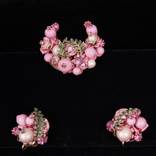 Appraisal: Austrian Pink Bead Cluster Enameled Fern Brooch Pin Clip Earrings