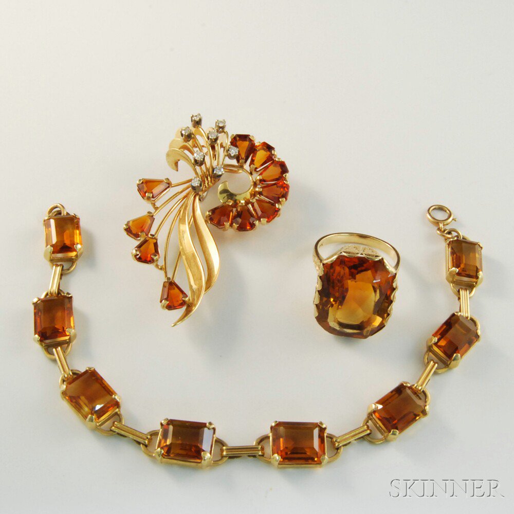 Appraisal: Three Pieces of Gold and Citrine Jewelry a kt gold