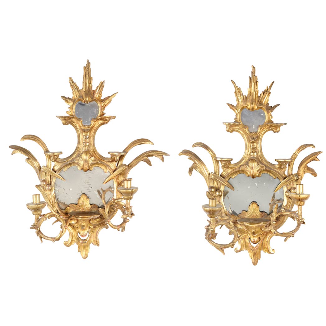 Appraisal: Pair of Continental Rococo Gilt-Wood Two-Light Sconces Probably German mid