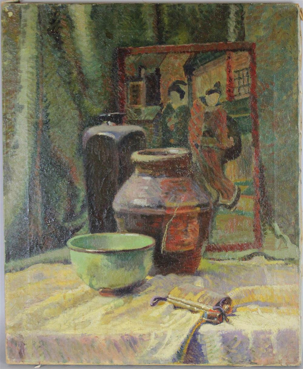 Appraisal: TH TH CENTURY STILL LIFE WITH JAPANESE OBJECTS Oil on