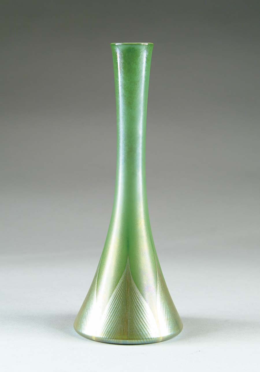 Appraisal: TIFFANY DECORATED VASE Rare green glass vase with platinum pulled