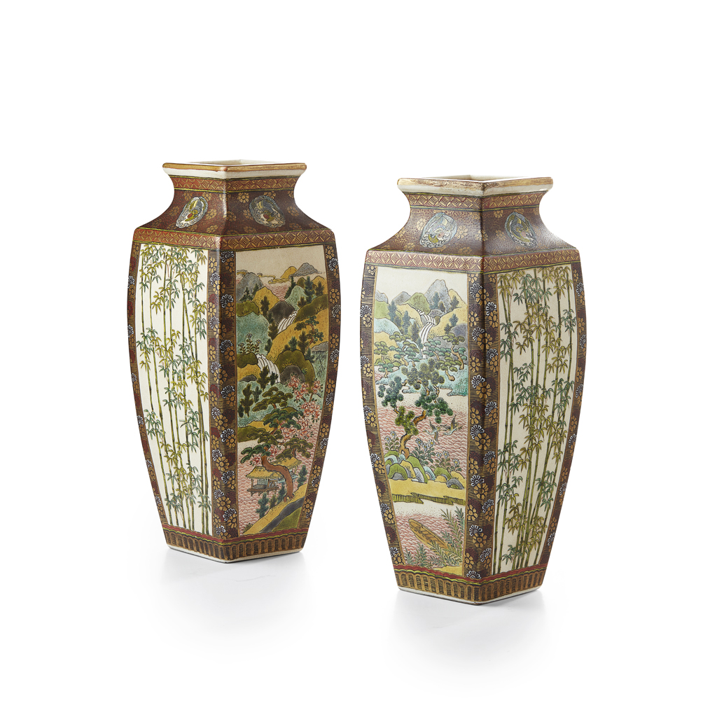 Appraisal: PAIR OF SQUARE-SECTION SATSUMA VASES KINKOZAN MARK MEIJI TAISHO PERIOD