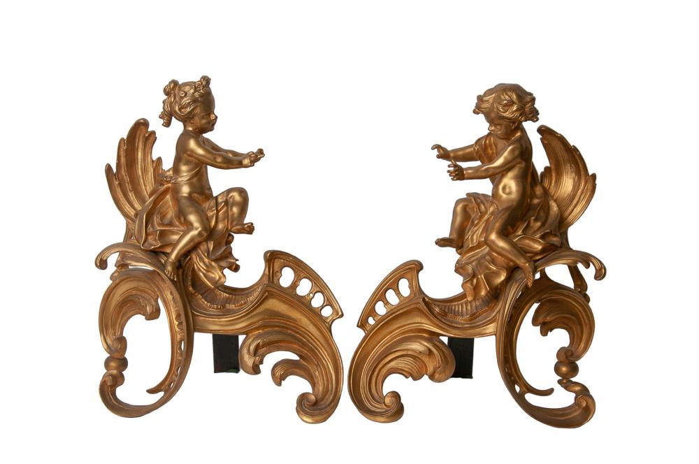 Appraisal: PAIR OF LOUIS XV STYLE GILT BRONZE FIGURAL CHENETS inches