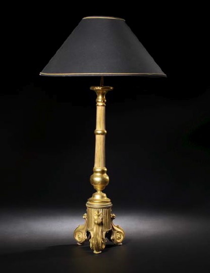 Appraisal: Tall Italian Gilt-Lacquered Brass Tripodal Pricket Candlestick first quarter th