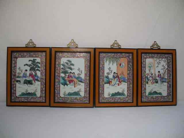 Appraisal: Four Chinese Famille Rose tiles Each framed in natural and