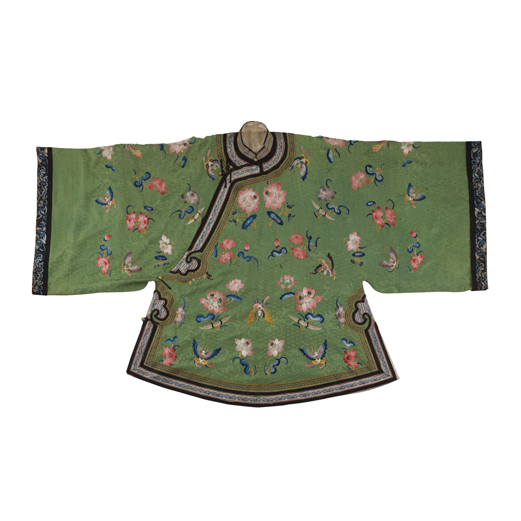 Appraisal: EMBROIDERED SILK GREEN-GROUND LADY'S INFORMAL ROBE LATE QING DYNASTY worked