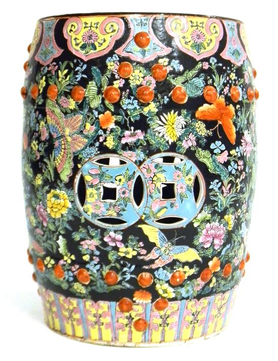 Appraisal: th C Chinese Famille Noire garden seat drum-shaped polychromatic butterflies