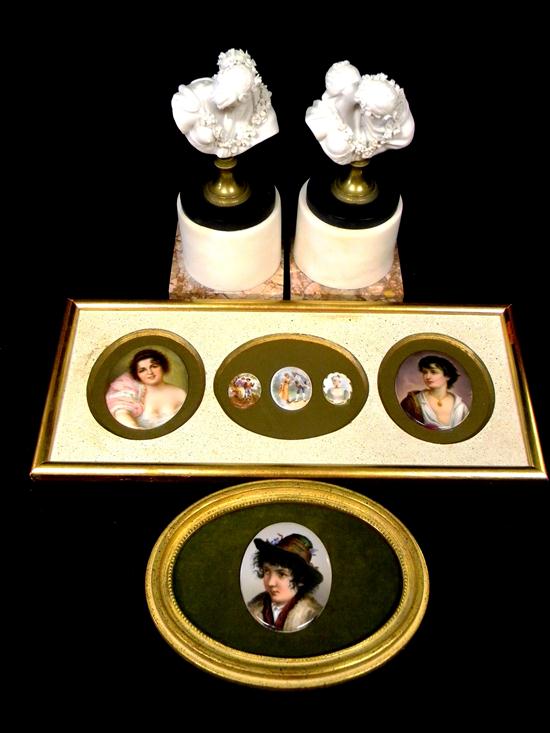 Appraisal: Pair of Parian sculptures on base and framed miniature portraits