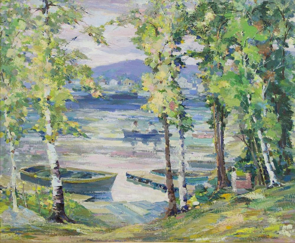 Appraisal: MAYER Peter Bela Oil on Board Lake Scene Signed lower