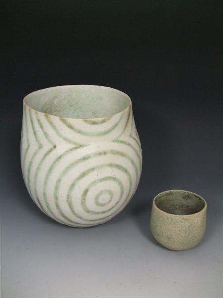 Appraisal: JOHN WARD BORN OVOID VASE S coiled stoneware buff glaze