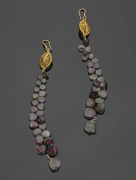 Appraisal: Pair of Watermelon Tourmaline and High-Karat Gold Earrings Consisting of