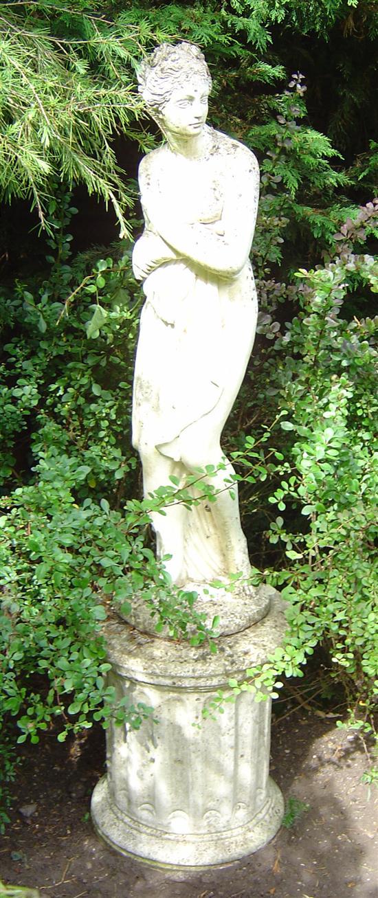 Appraisal: Composition garden statue of Pandora on a round fluted base