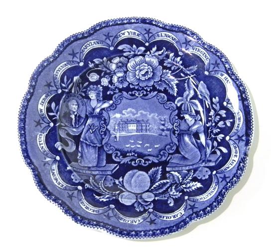 Appraisal: Staffordshire blue transfer-ware plate list of states with picture of