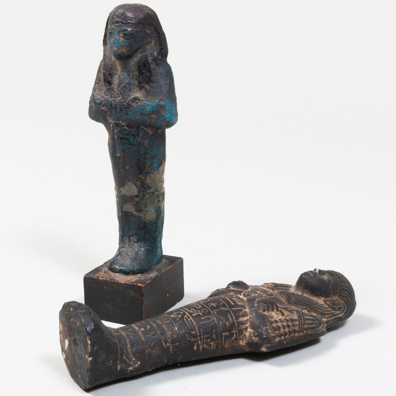 Appraisal: TWO EGYPTIAN POTTERY USHABTIS One turquoise faience and the other