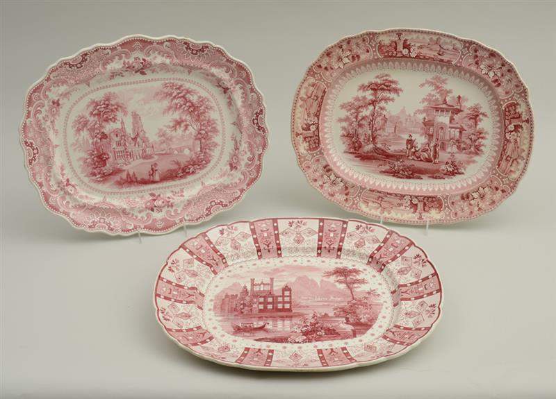 Appraisal: GROUP OF THREE STAFFORDSHIRE RED TRANSFER-PRINTED PLATTERS Comprising Gothic Beauties